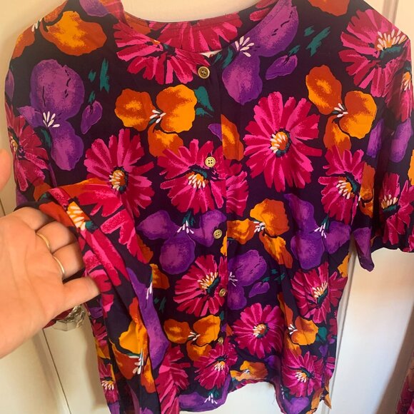 Vtg Floral Blouse Chaus Sz 10 Multicolor Floral Belt Gold Buttons Maximalist - Picture 2 of 6